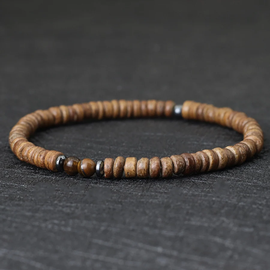 bracelet ethnique en bois et œil de tigre
