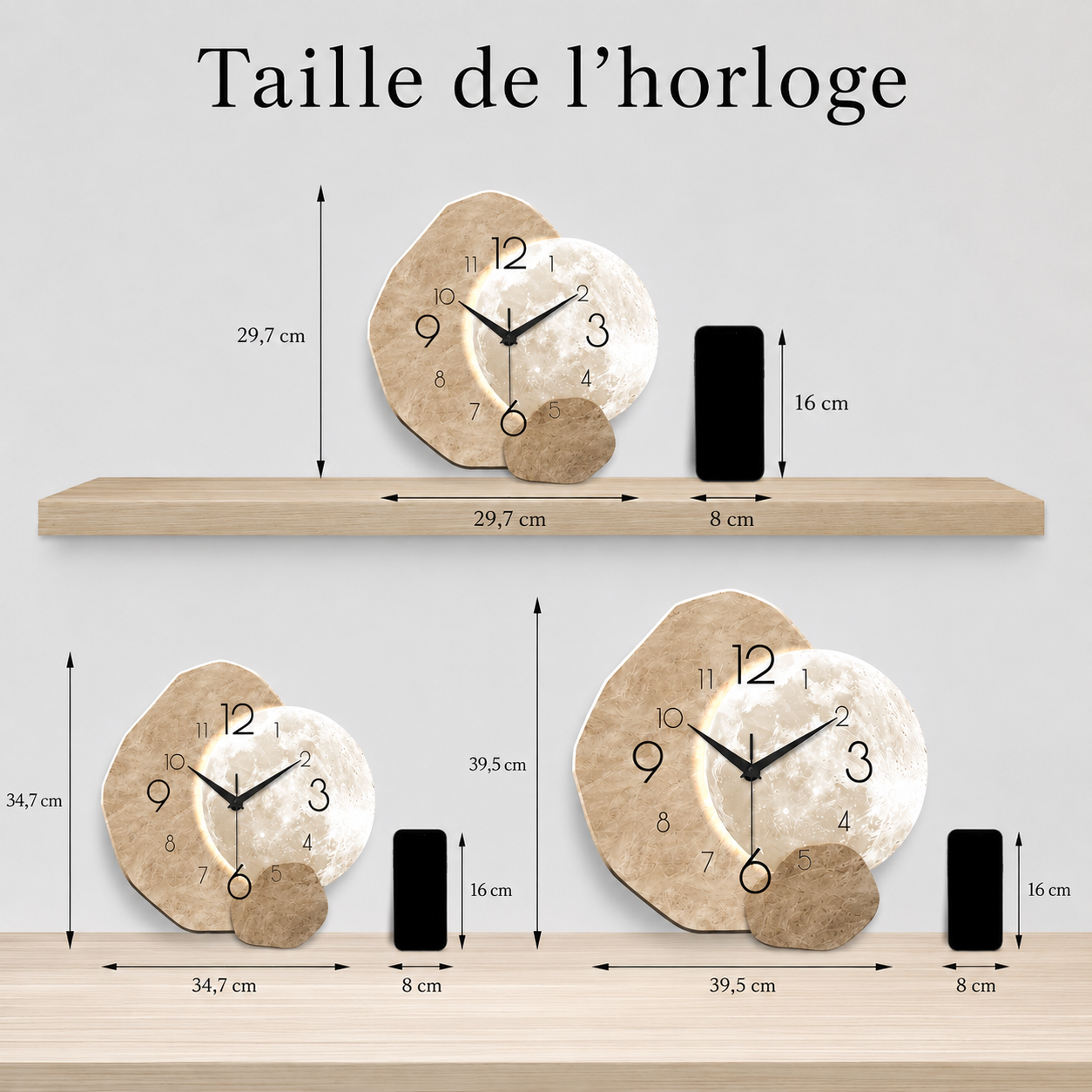 Horloge Murale en Bois Silencieuse Design Lune – Mouvement Quartz, Décoration Moderne – Image 7
