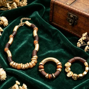Parure en Bois et Doré – Collier et Bracelets Assortis