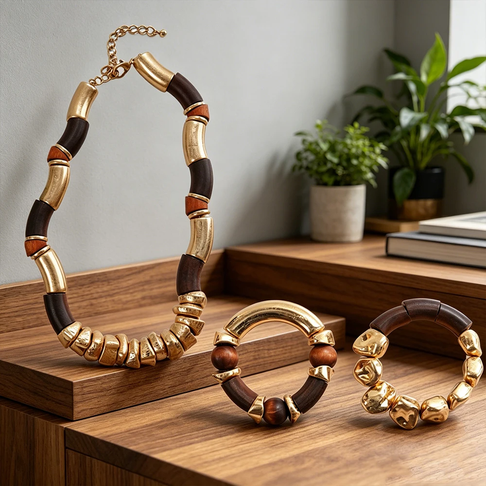 Parure en Bois et Doré – Collier et Bracelets Assortis – Image 5