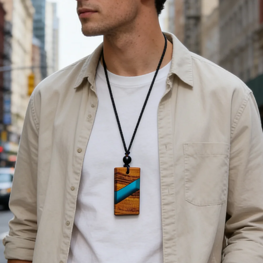 pendentif rectangle en bois et résine pour homme