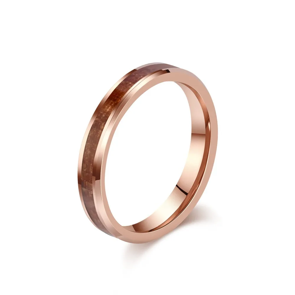 bague femme en tungstène rose doré et bois