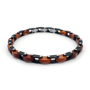 Bracelet Homme Bois et Acier Inoxydable – Maillons Noirs