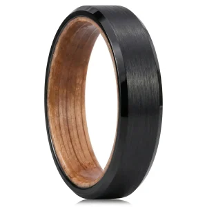 bague homme noire en tungstène et bois