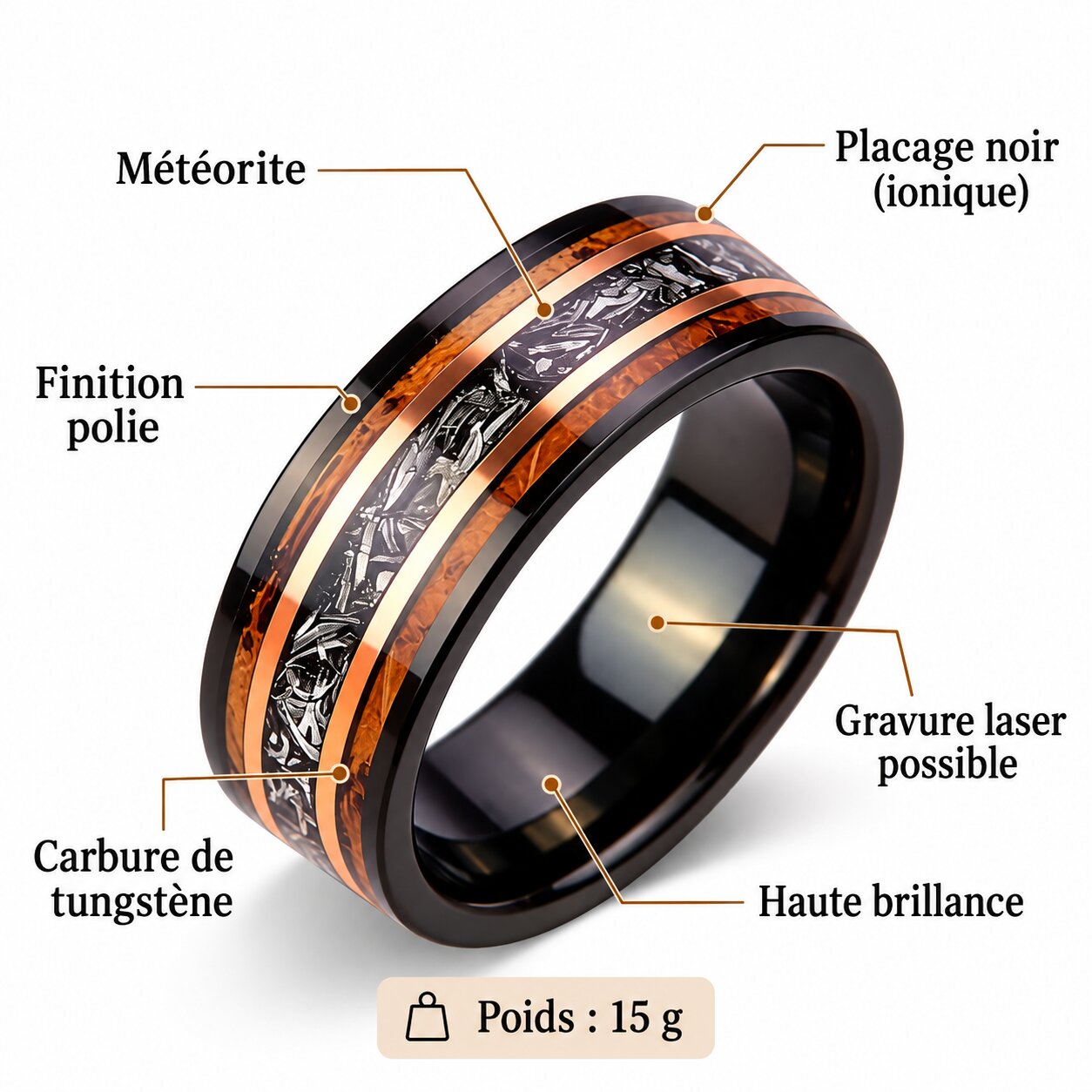 bague en tungstène avec design original en météorite et bois