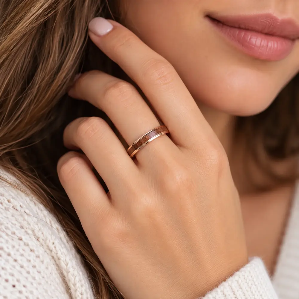 bague tungstène rose doré et bois pour femme