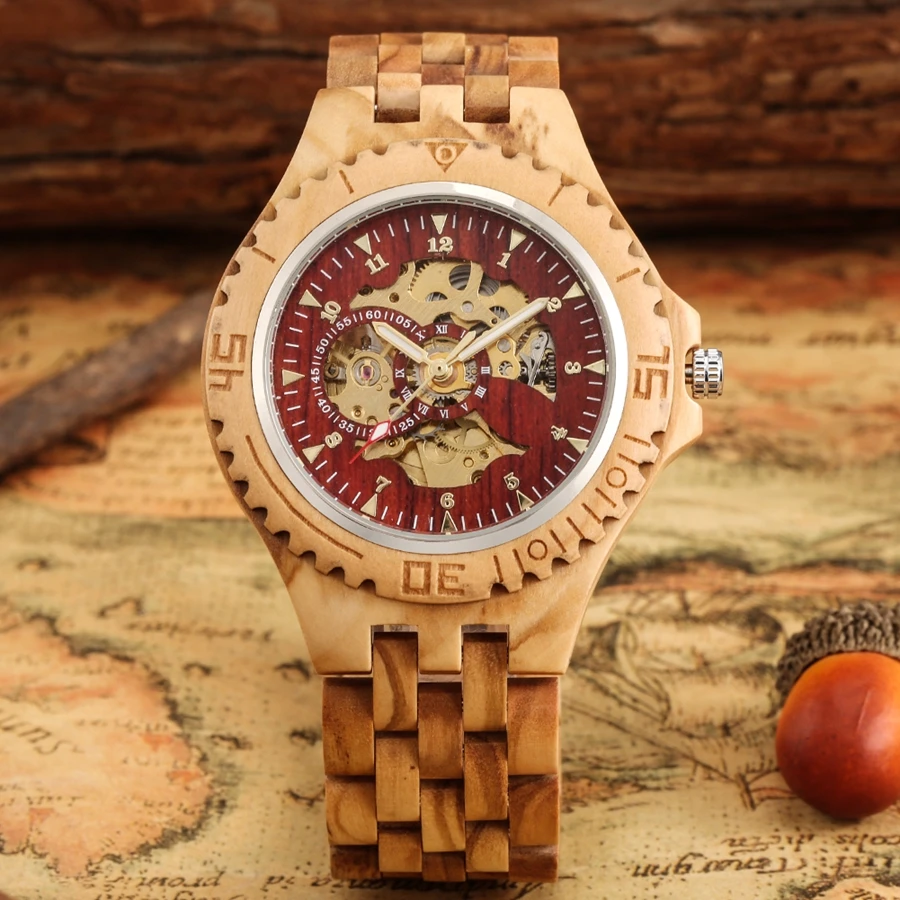 Montre Automatique en Bois pour Homme – Cadran Squelette Rouge – Image 2