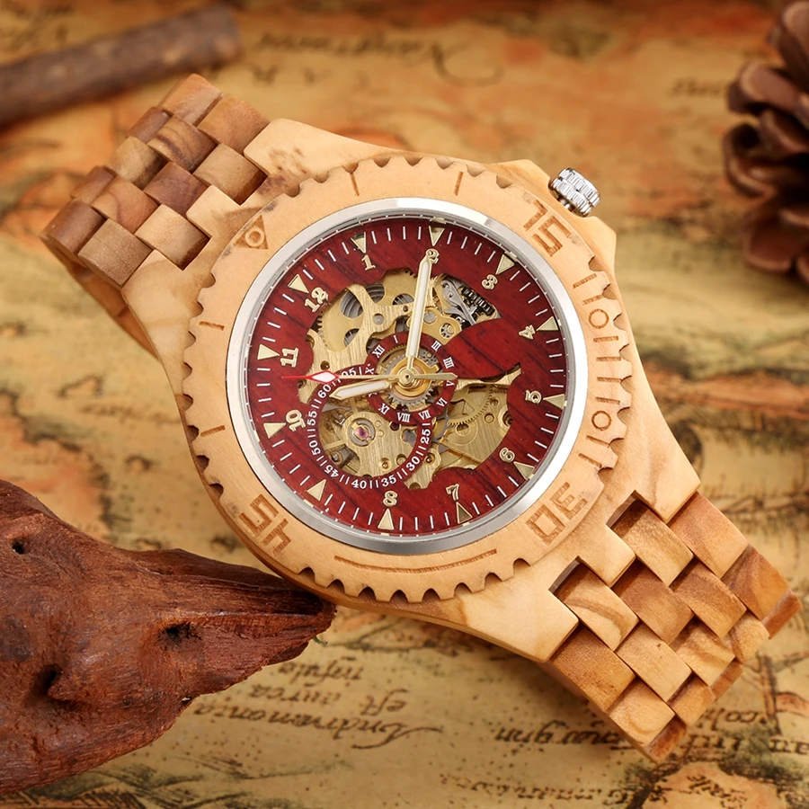 Montre Automatique en Bois pour Homme – Cadran Squelette Rouge – Image 5
