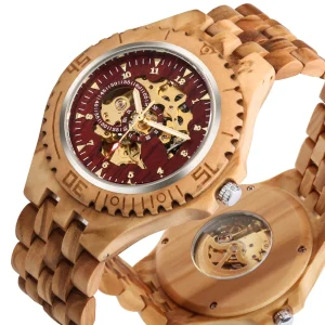 Montre Automatique en Bois pour Homme – Cadran Squelette Rouge