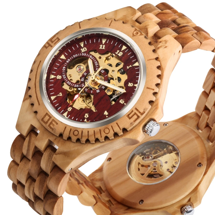 Montre Automatique en Bois pour Homme – Cadran Squelette Rouge