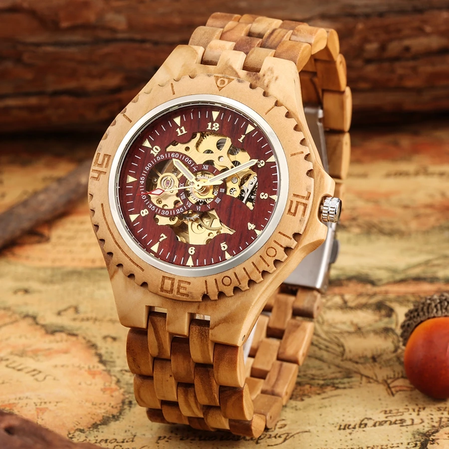 Montre Automatique en Bois pour Homme – Cadran Squelette Rouge – Image 4