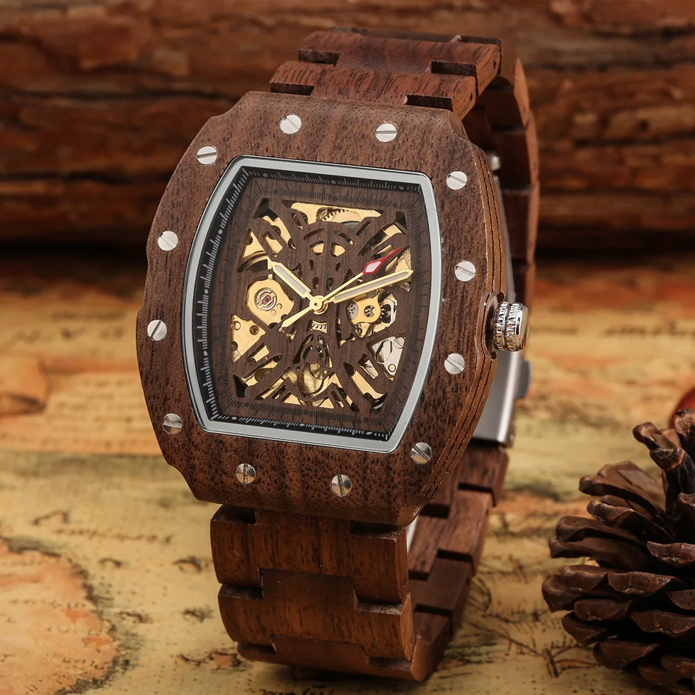 Montre Automatique en Bois pour Homme – Cadran Squelette Rectangulaire – Image 5