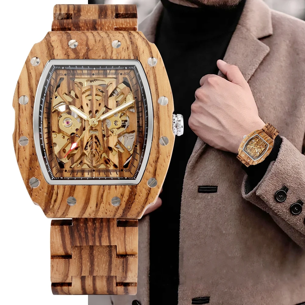 Montre Automatique en Bois pour Homme – Cadran Squelette Rectangulaire