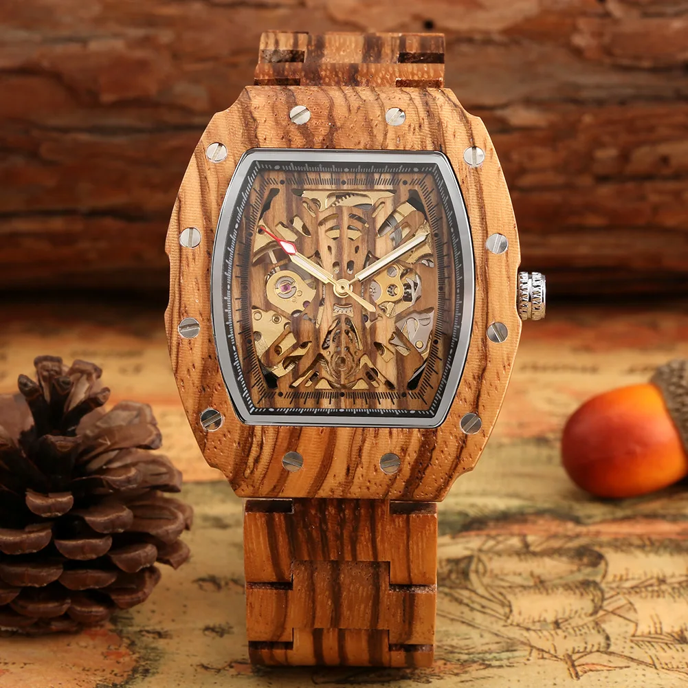 Montre Automatique en Bois pour Homme – Cadran Squelette Rectangulaire – Image 3