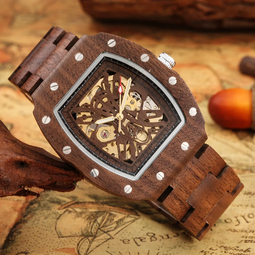 Montre Automatique en Bois pour Homme – Cadran Squelette Rectangulaire – Image 6