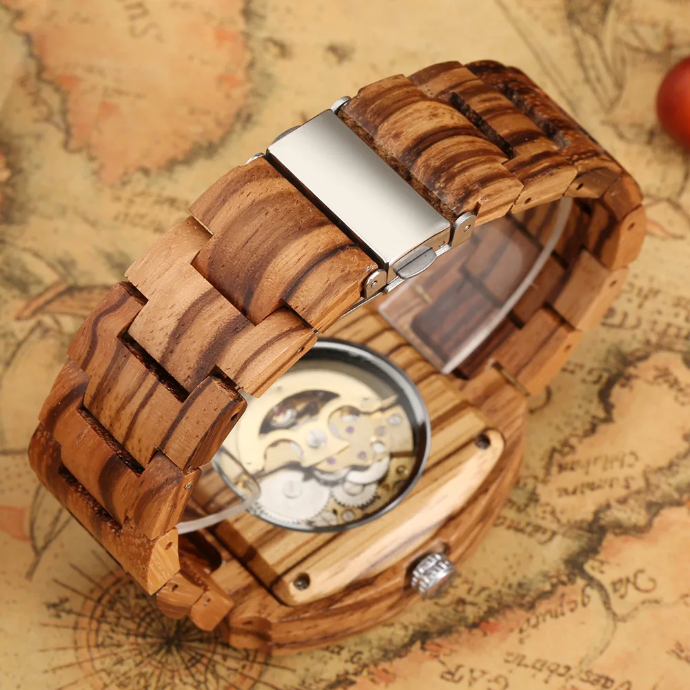Montre Automatique en Bois pour Homme – Cadran Squelette Rectangulaire – Image 4
