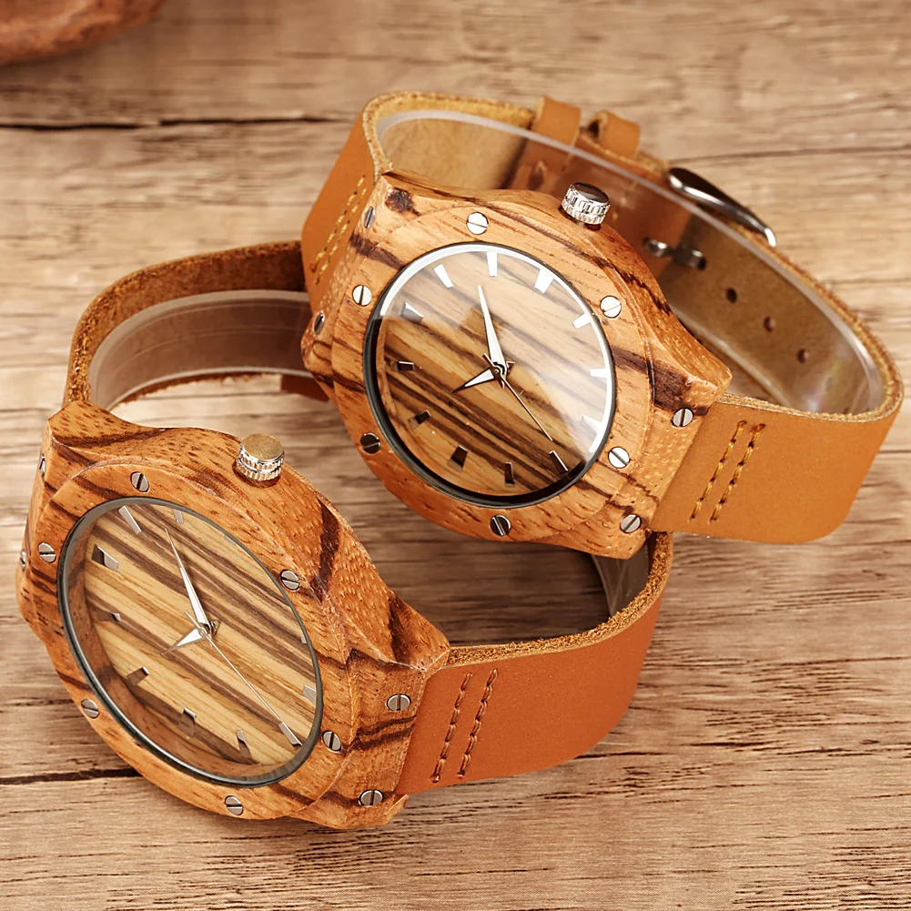 montre en bois zébrano avec bracelet en cuir