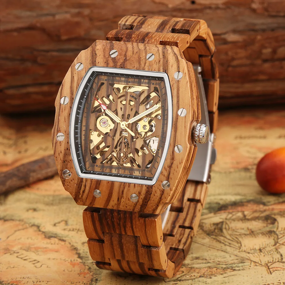 Montre Automatique en Bois pour Homme – Cadran Squelette Rectangulaire – Image 2