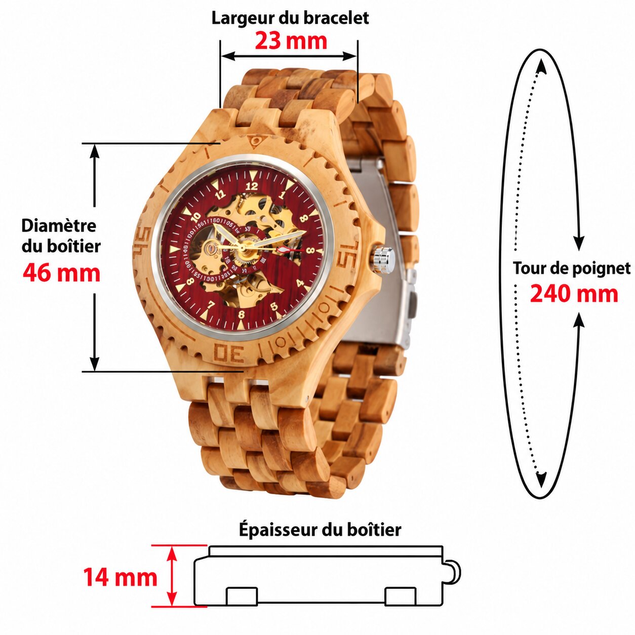 Montre Automatique en Bois pour Homme – Cadran Squelette Rouge – Image 3