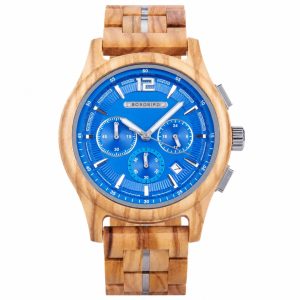 montre en bois d’olivier homme cadran bleu
