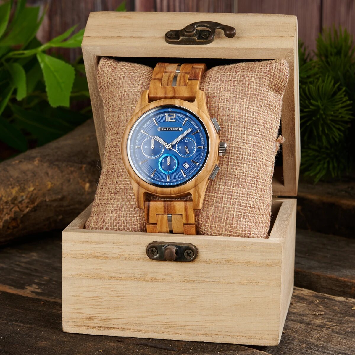 passion bijoux en bois montre femme cadran bleu