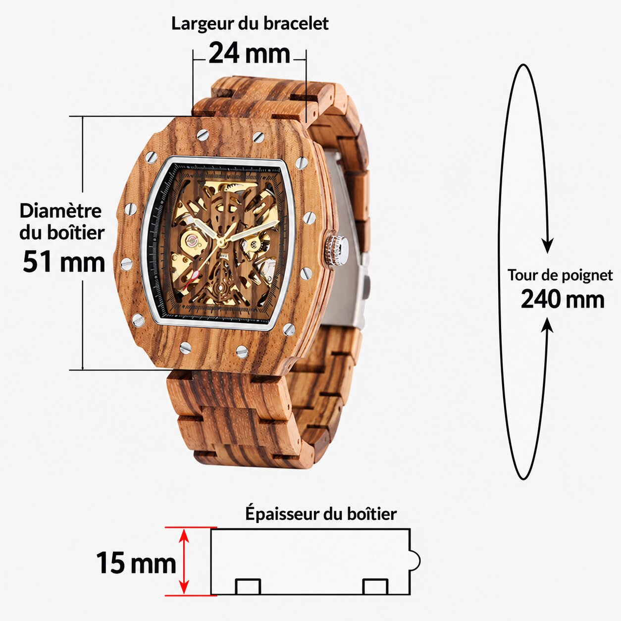Montre Automatique en Bois pour Homme – Cadran Squelette Rectangulaire – Image 7