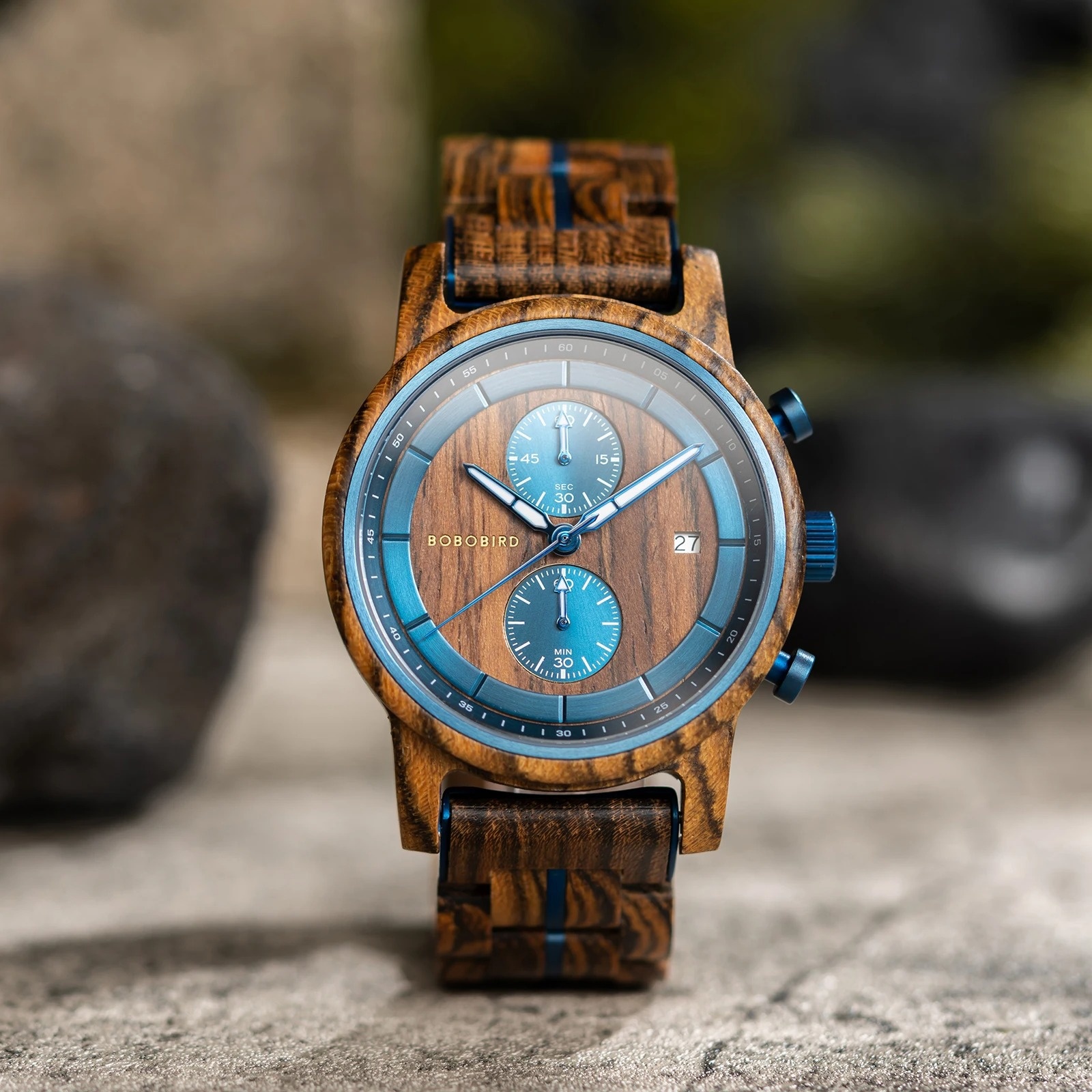 montre en bois avec chronographe homme