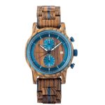 montre chronographe en bois homme cadran bleu