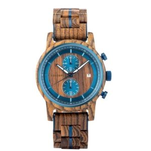 montre chronographe en bois homme cadran bleu